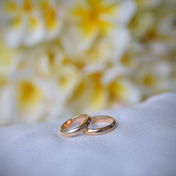 beautiful rings dispose on a pillow with yellow flower in background