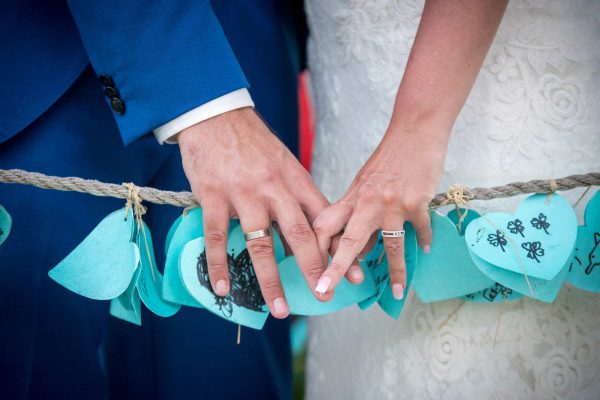 close up shot on hands of couple with wedding rings