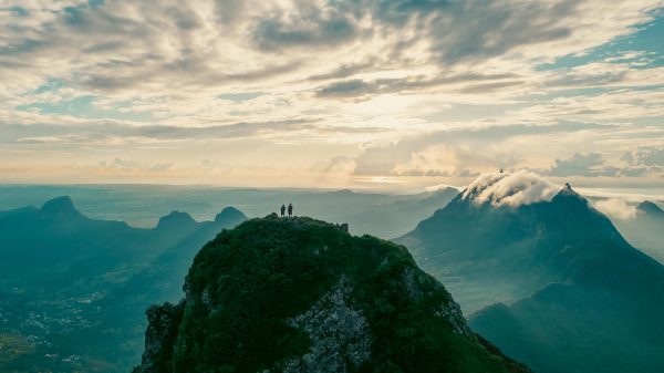 Aerial view of le pouce mountain with hikers