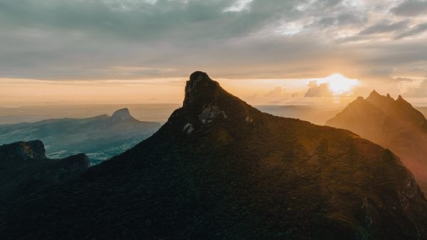 Drone shot of sunrise at le pouce mountain