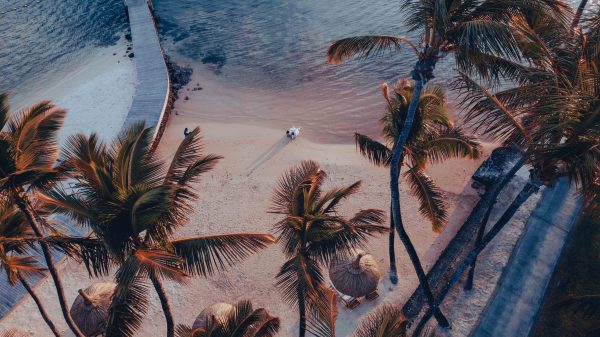 awesome aerial shot of couple on beach